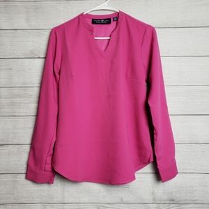 Elizabeth & Clarke Woven Roll Cuff StainTech V Neck Hot Magenta Blouse Womens 00